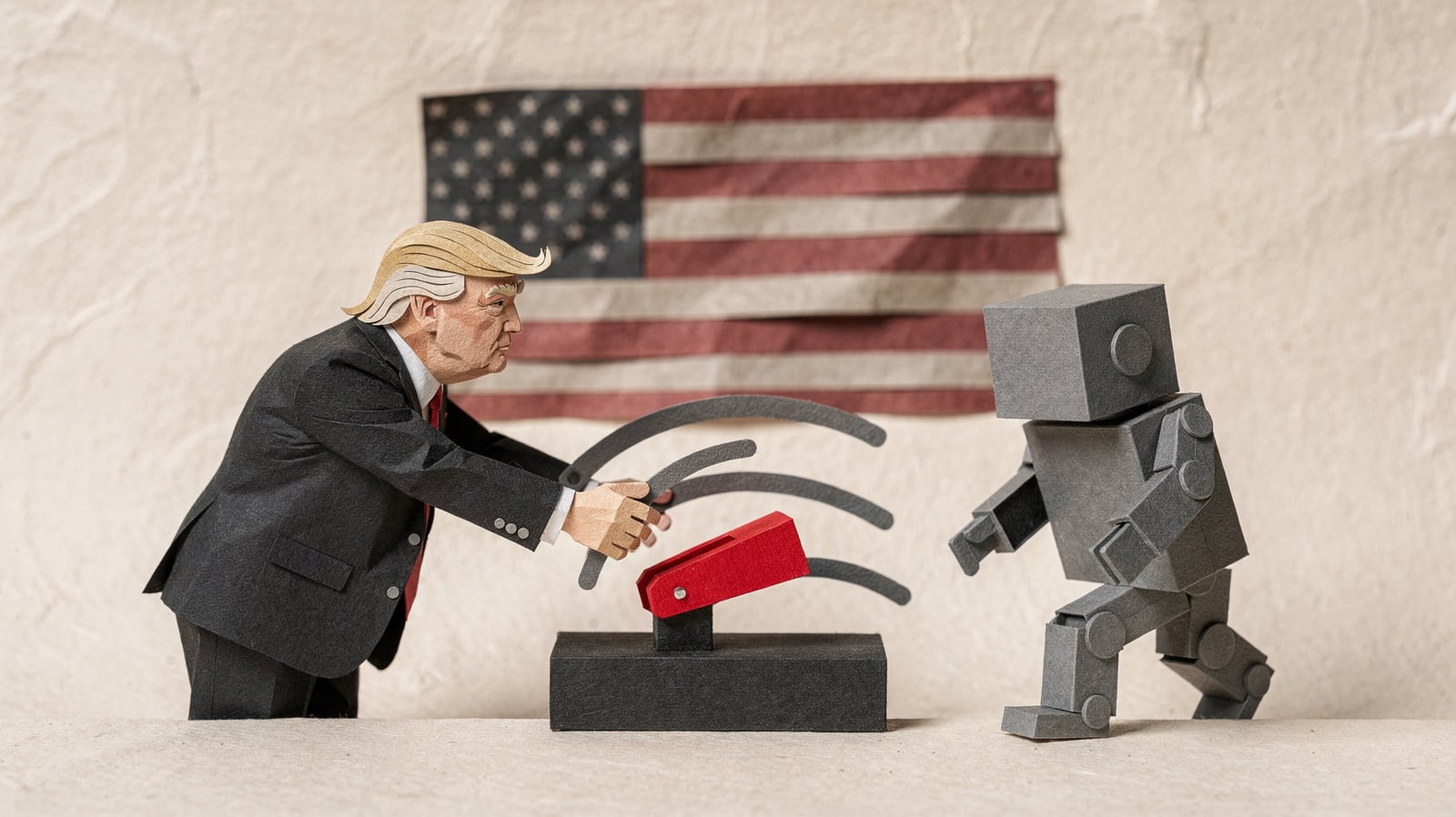 Фигурка Трампа толкает красный рычаг вперёд рядом со статуэткой робота и флагом США, символизируя запуск и ускорение развития искусственного интеллекта в стране